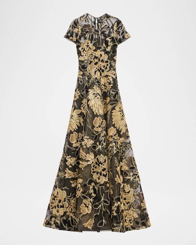Metallic Embroidered Short-Sleeve A-Line Gown